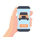 Smartphone in hand with app for carsharing online rental service. Booking car. Vector flat illustration Royalty Free Stock Photo