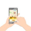 Smartphone in hand. Application for calling a taxi. City map. Vector illustration