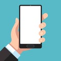 Smartphone in hand. Businessman hand holding mobile phone. Cell phone in arm template for app presentation flat vector Royalty Free Stock Photo