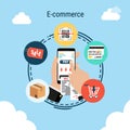 Smartphone in hand, e-commerce infographic element on sky background, vector illustration.