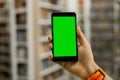 Smartphone in hand with green chromakey screen Royalty Free Stock Photo