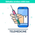 The smartphone, hand holds a syringe. Telemedicine vector outline icon