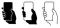 Smartphone in hand icons set. Hand holding smartphone.Blank screen smartphone for message or photo in various positions Royalty Free Stock Photo