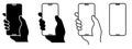 Smartphone in hand icons set. Hand holding smartphone. Blank screen smartphone for message or photo in various positions Royalty Free Stock Photo