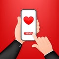 Smartphone hand love. Social network concept. Hand holding mobile phone. Like icon. Mobile internet, social media Royalty Free Stock Photo