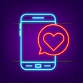 Smartphone hand love. Social network concept. Hand holding mobile phone. Like neon icon. Mobile internet, social media Royalty Free Stock Photo