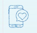 Smartphone hand love. Social network concept. Hand holding mobile phone. Like sketch icon. Mobile internet, social media Royalty Free Stock Photo