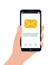 Smartphone in hand with mail icon. Three unread messages. Email application concept. Vector flat illustration