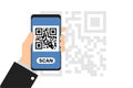 Smartphone in hand scan QR code. Qrcode on phone camera. Vector flat illustration