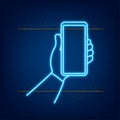 Smartphone on hand. Telephone icon. Neon icon. Touchscreen, Phone display. Cell phone. Vector illustration