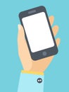 Smartphone in hand template for web and mobile applications. Raster copy. Royalty Free Stock Photo