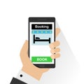 Smartphone with hand touching book button on screen. Online booking design concept for mobile phone: hotel, flight, car