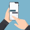 Smartphone in hands. Man holding telephone and tapping in web chat on screen send messages garish vector keyboard