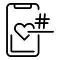 Smartphone hashtag heart icon, outline style