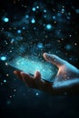 A smartphone, held in a hand, exhibits a futuristic holographic interface with digital data and radiant network Royalty Free Stock Photo