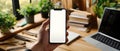 The smartphone held in hand showcasing a blank screen in a stylish workspace. AI generated image Royalty Free Stock Photo