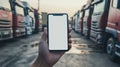 Smartphone held in hand, surrounded by parked trucks, empty screen Royalty Free Stock Photo