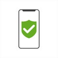 smartphone icon with green security shield on white background Royalty Free Stock Photo