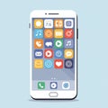 Smartphone illustration with a white frame displays a colorful array of app icons on Royalty Free Stock Photo