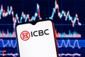 Smartphone with Industrial and Commercial Bank of China logo. ICBC stock chart on the background Royalty Free Stock Photo