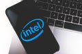 Smartphone with Intel logo on the screen. Royalty Free Stock Photo