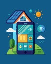 A smartphone interface displaying realtime data and control options for a homes solarpowered smart grid.. Vector