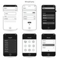 Smartphone interface wireframes showcasing six different black-and-white screen Royalty Free Stock Photo