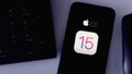 Smartphone with the iOS 15 logo that will be the next mobile operating system