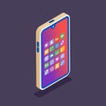 Smartphone. Isometry. Vector isometric illustration. Cell phone with working screen and operating system icons. Mobile