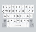 Smartphone keyboard. White realistic mobile phone buttons with english alphabet, numbers and signs, social media