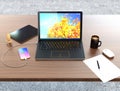 Smartphone, laptop, digital tablet and mug cup on wooden desktop
