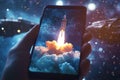 A smartphone launches a digital rocket symbolizing technological innovation Royalty Free Stock Photo