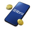 Smartphone with Libra logo on the screen and Cryptocurrency digital golden coins isolate on white background, Libra blockchain