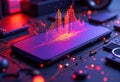 Digital data visualization displayed on a smartphone screen with vibrant neon Royalty Free Stock Photo