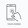 Smartphone line icon. Vector outline illustration of finger touching mobile phone screen. Technology, gadget touchscreen