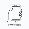 Smartphone line icon. Vector outline illustration of hand holding mobile phone. Technology, gadget screen thin linear Royalty Free Stock Photo