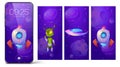 Smartphone lock screens with cartoon alien, rocket