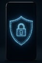 Smartphone locked behind a glowing digital shield, concept of cybersecurity and data protection Royalty Free Stock Photo