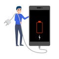 Smartphone with low battery indicator. Phone need a charge Royalty Free Stock Photo