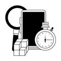 Smartphone magnifying glass with timer and cubes in black and white