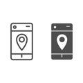 Smartphone map pin line and glyph icon. Geo location pointer in mobile phone symbol, outline style pictogram on white Royalty Free Stock Photo