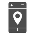 Smartphone map pin solid icon. Geo location pointer in mobile phone symbol, glyph style pictogram on white background Royalty Free Stock Photo