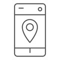 Smartphone map pin thin line icon. Geo location pointer in mobile phone symbol, outline style pictogram on white Royalty Free Stock Photo