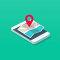 Smartphone and map pointer isometric vector illustration, flat cartoon mobile phone map navigator in 3d style, concept Royalty Free Stock Photo