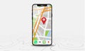 Smartphone with map and red pinpoint on screen isolated on line maps background.