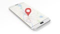 Smartphone with map and red pinpoint on screen