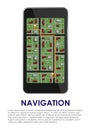 Smartphone with map on the screen with itinerary and pointers on