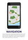 Smartphone with map on the screen with itinerary and pointers on