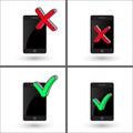 Smartphone with Mark X and V. Green hooks, red crosses, isolated. Yes No icons for websites. Right Wrong on mobile phone