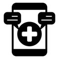 Smartphone with medical message solid icon, emergency service concept. Vector graphics. Warning messages and plus cross